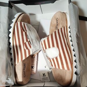 Corkys Women's Brown and White Striped Slide Sandals
